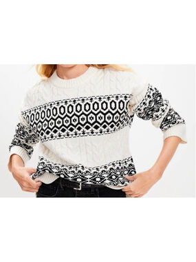 Women's LOFT Cable Knit Fair Isle Sweater Size L White Black